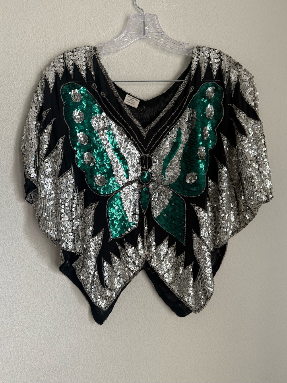 Vintage 1980 Sequin Butterfly Accent Top - Black & Emerald